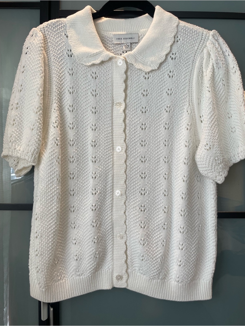 Pointelle Knit Button-Up Cardigan with Peter Pan Collar - White